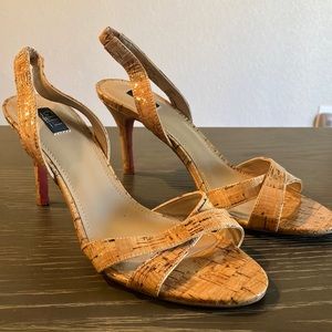 New GILI cork nude heel sling back peep toe low heel sandal designer size 6.5